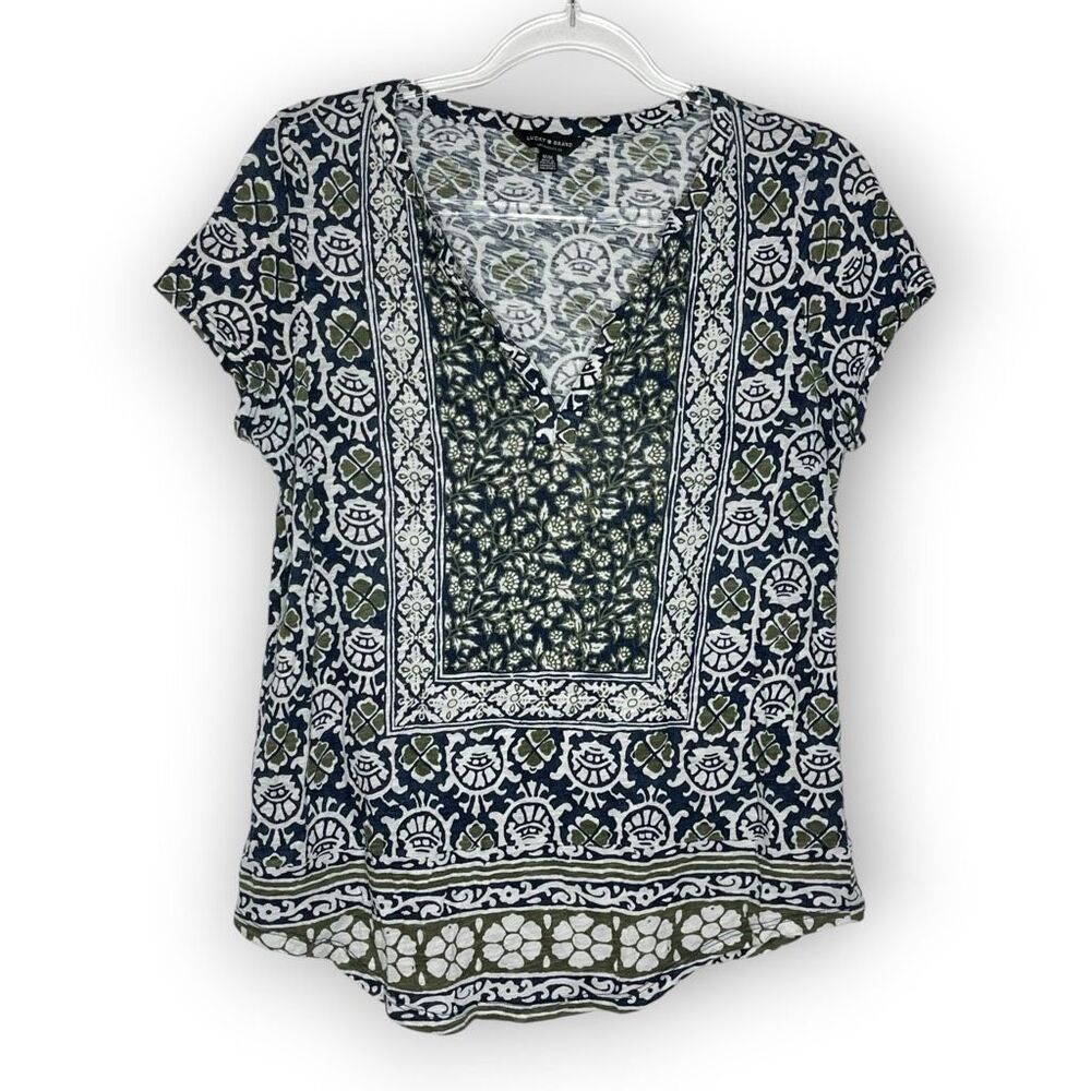 Lucky Brand Blue Green Floral Bandana Print Scoop Neck Tee Top Women’s Medium